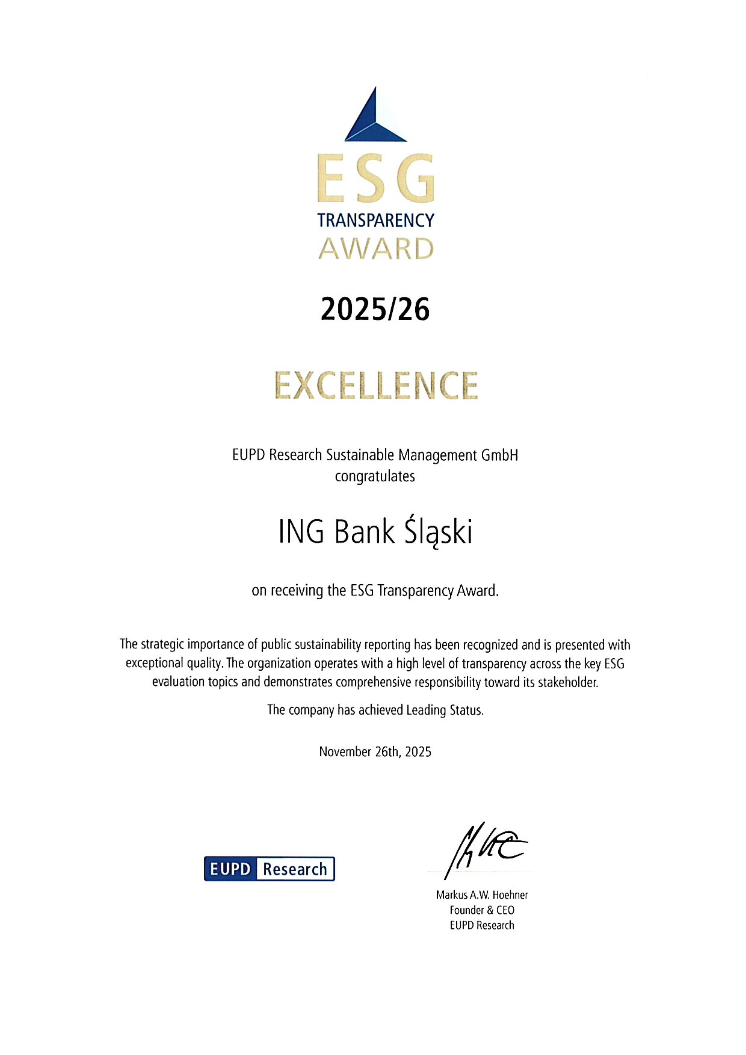 Dyplom ESG Transparency Award dla ING